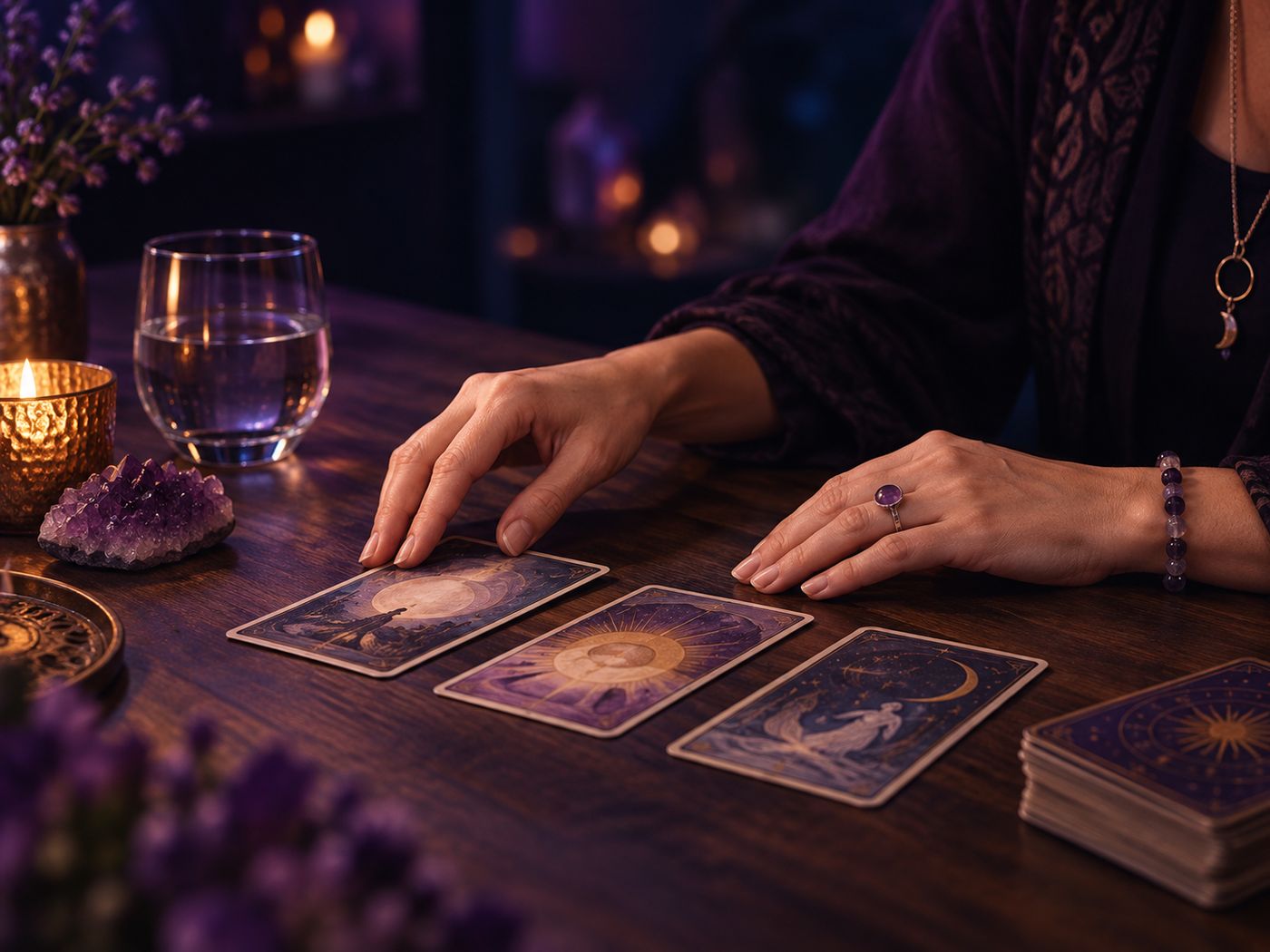 Handen die tarotkaarten op een tafel leggen